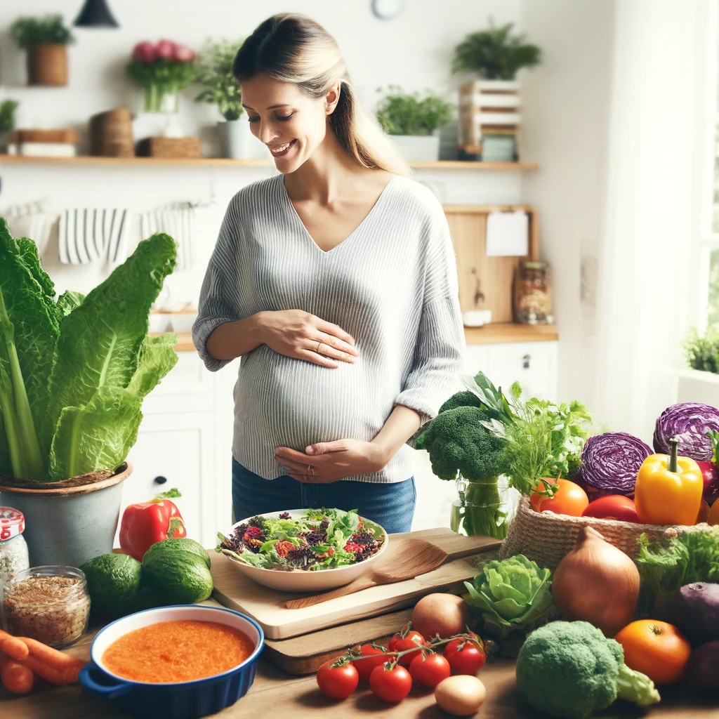 Es zeigt eine schwangere Frau, die in ihrer Küche einen bunten und nährstoffreichen Salat zubereitet, umgeben von frischen Früchten, Nüssen und Vollkornprodukten.