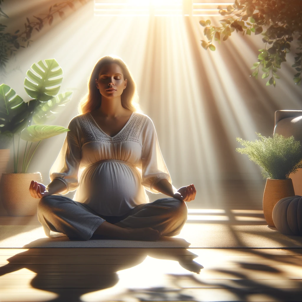 Eine schwangere Frau, die in der Sonne Yoga macht, um ihre mentale Gesundheit zu stärken.