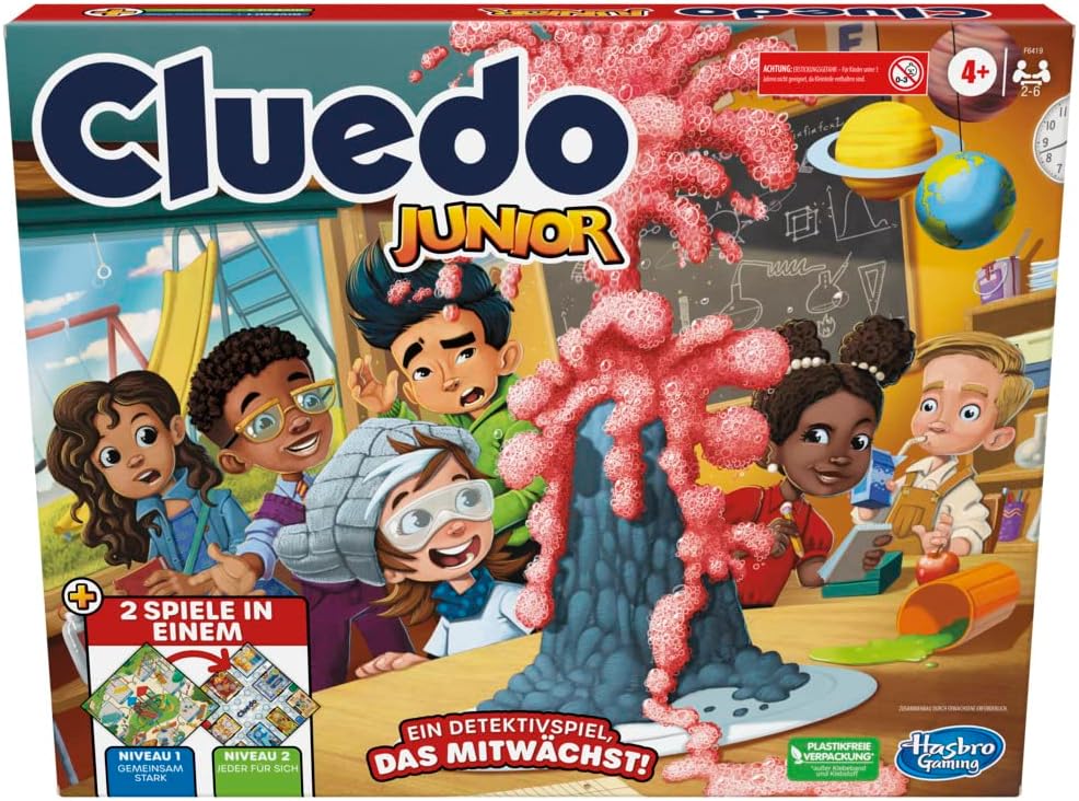 Kinder beim Spielen von 'Cluedo Junior', einem Detektiv Spiele für 4 Jährige, auf der Suche nach Hinweisen auf einem farbenfrohen Spielbrett.
