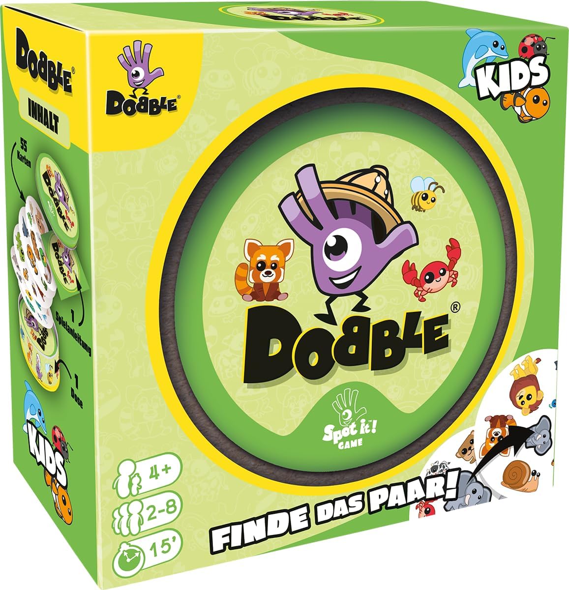 Kinder spielen 'Dobble Kids', ein Kartenspiel, das die Aufmerksamkeit und schnelle Reaktionsfähigkeit Spiele für 4 Jährige fördert, mit bunten Karten auf einem Tisch.