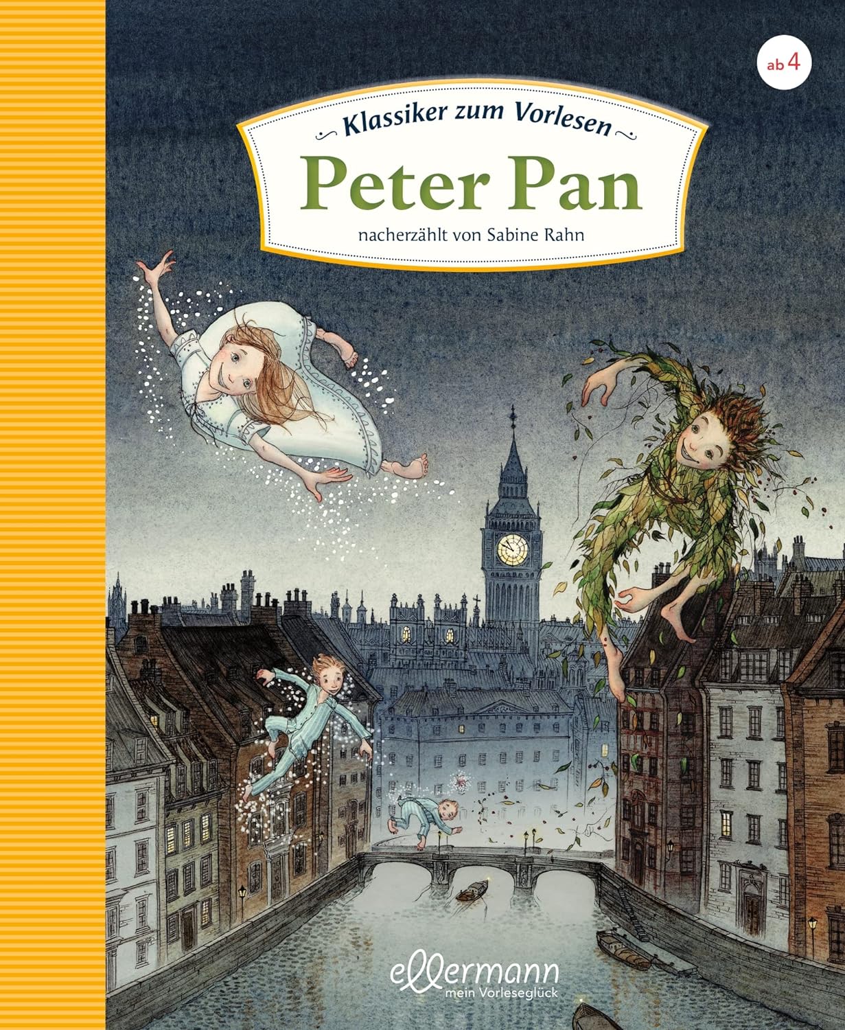 Buchcover von 'Peter Pan' von J.M. Barrie, ein abenteuerliches Kinderbuch zum Vorlesen, zeigt Peter Pan, der über London fliegt, umgeben von Wendy, John und Michael.