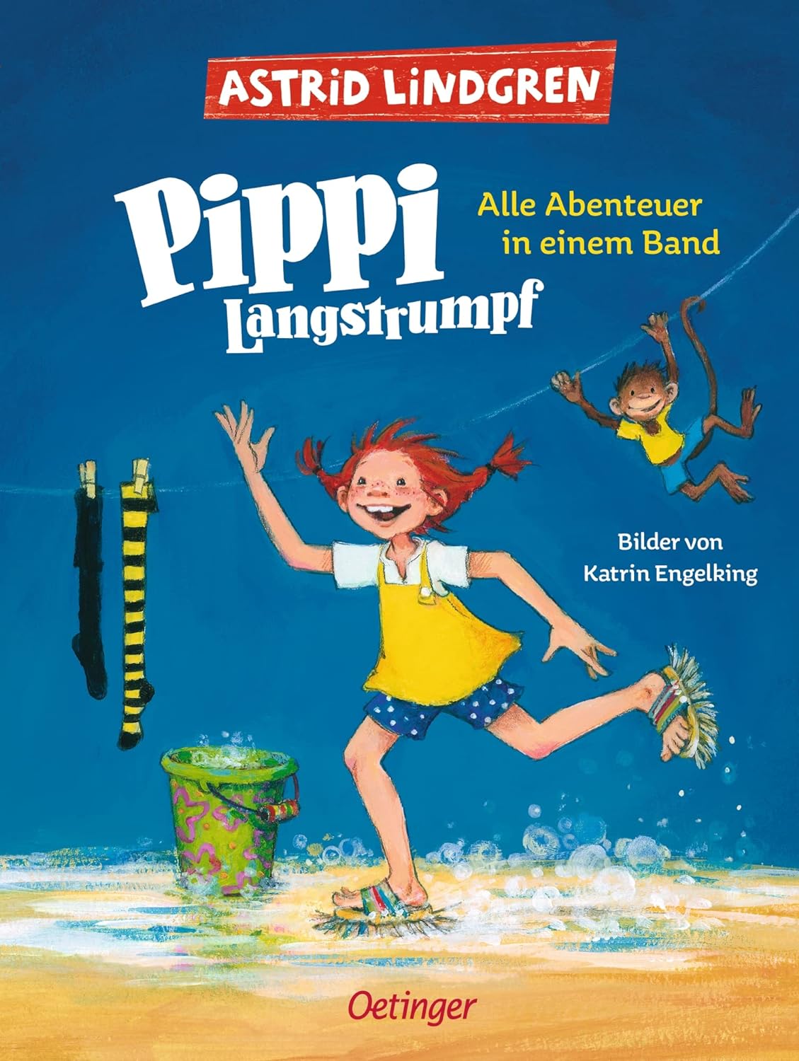 Buchcover von 'Pippi Langstrumpf' von Astrid Lindgren, ein inspirierendes Kinderbuch zum Vorlesen, zeigt Pippi mit ihren charakteristischen roten Zöpfen und Sommersprossen, wie sie ihre beiden Freunde Tommy und Annika an den Händen hält.