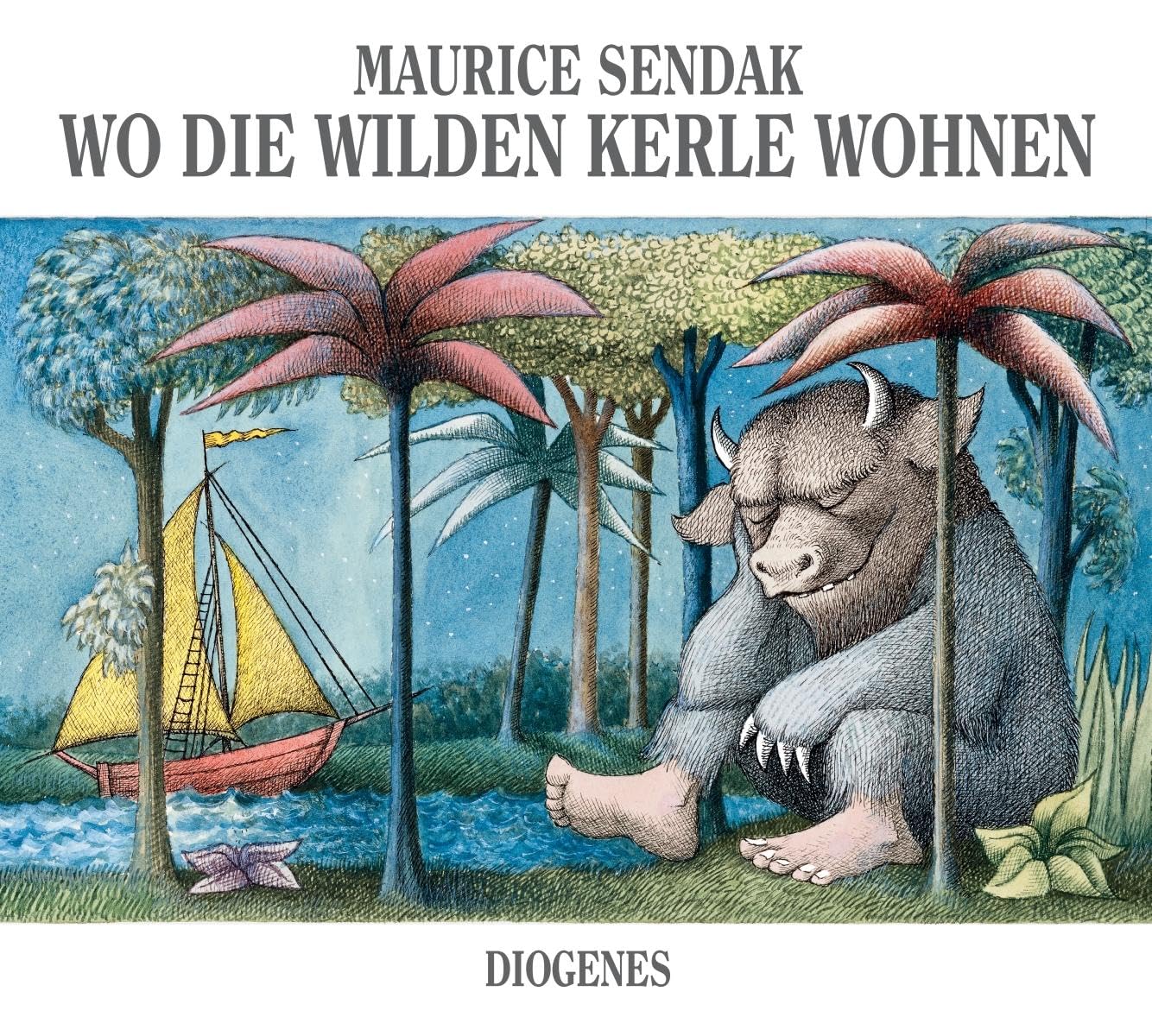 Buchcover von 'Wo die wilden Kerle wohnen' von Maurice Sendak, ein beliebtes Kinderbuch zum Vorlesen, zeigt Max in seinem Wolfskostüm neben einer Gruppe wilder Kerle