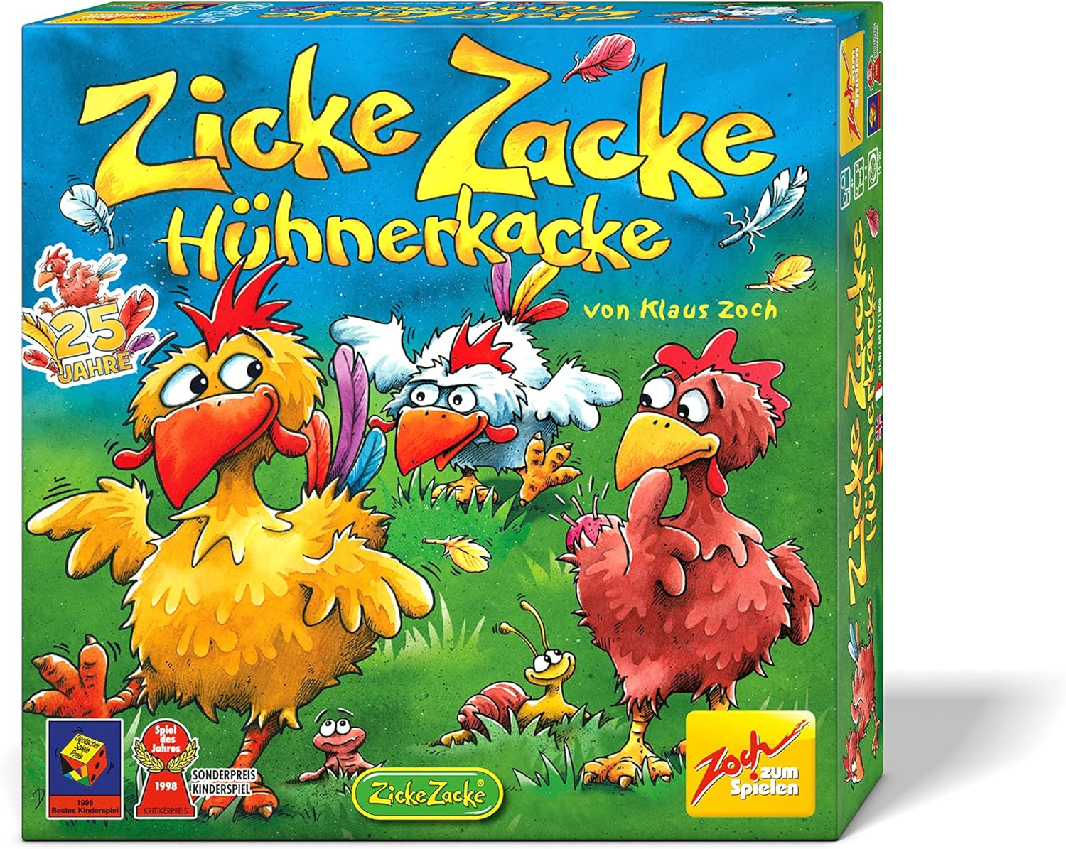 Spielszene von 'Zicke Zacke Hühnerkacke', einem preisgekrönten Brettspiel für 4-Jährige, zeigt Kinder beim Spielen auf einem farbenfroh gestalteten Hühnerhof-Brett.