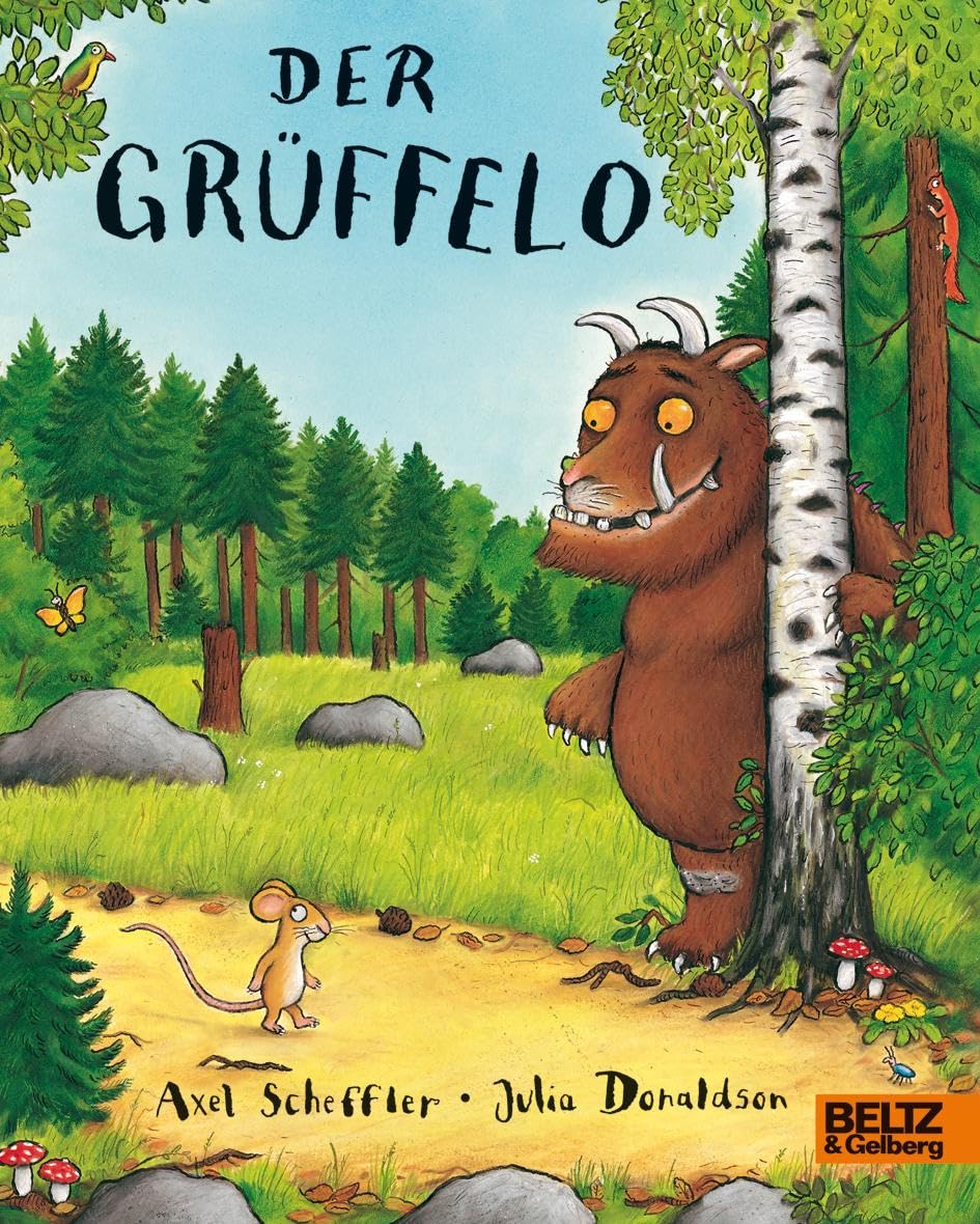 Buchcover von 'Der Grüffelo' von Julia Donaldson, illustriert von Axel Scheffler, ein empfohlenes Kinderbuch zum Vorlesen, zeigt den Grüffelo und das kleine Maus im Wald.